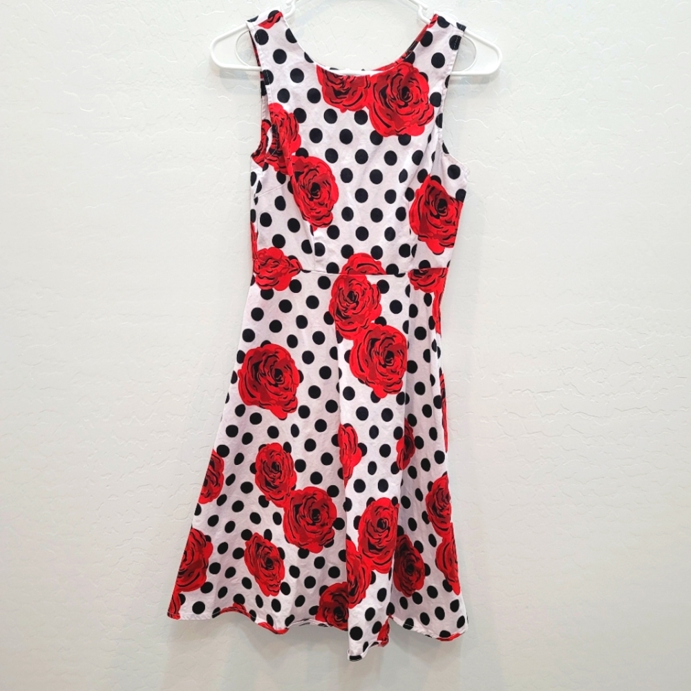 White Polka Dots & Floral Print Sleeveless Fit & Flare Dress Women's Size Small